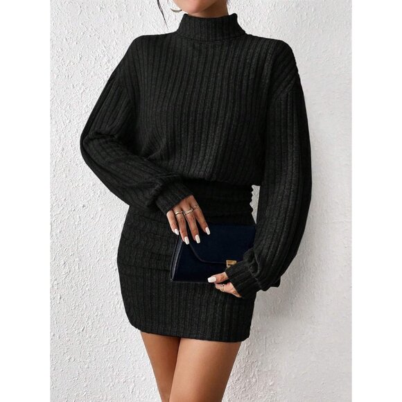 Women Pullover Black Sweater Dress Lantern Sleeve Turtleneck Ribbed Mini Fall - Picture 2 of 5